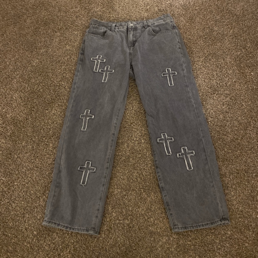 Gray Cross-Embroidered Men's Jeans